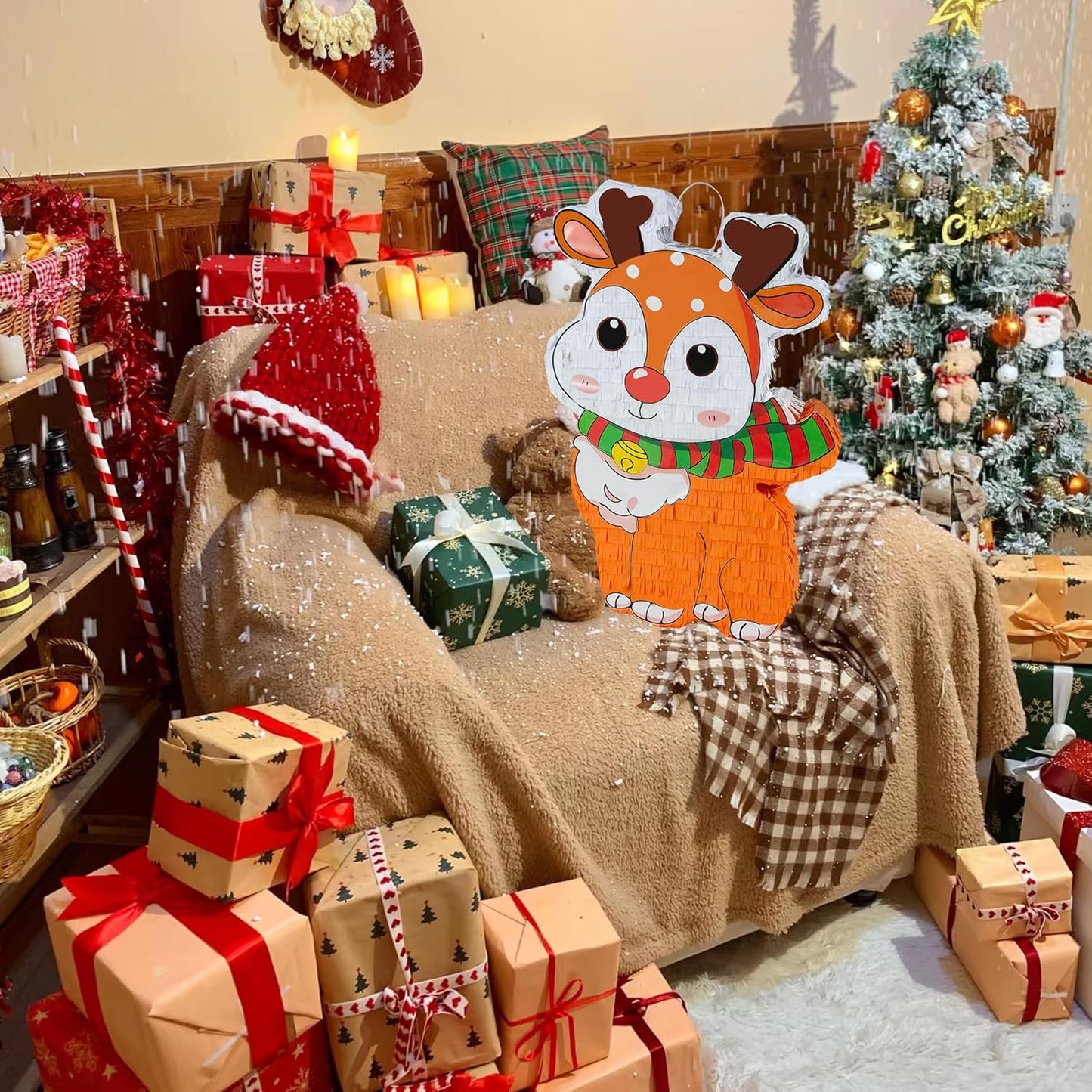 PCFING 21.6 Inch Christmas Reindeer Piñata with 30 Inch Piñata Stick Blindfold Confetti for Boy Girl Adults Xmas Party Game Decorations