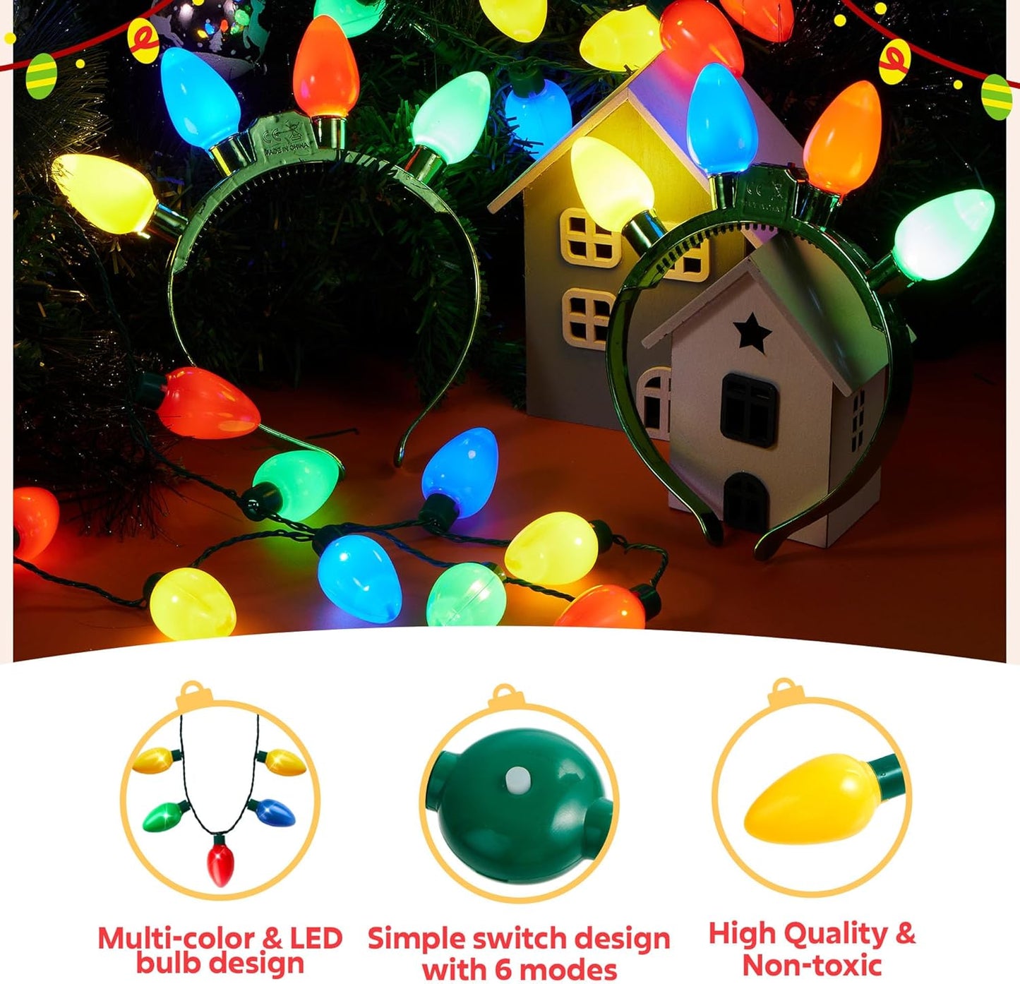 JOYIN 6 Pcs Christmas Light Up Headband and Necklace with 6 Flashing Modes, LED Christmas Bulb Lights Necklace Headband for Kids Women Men Xmas Party Supplies Accessories