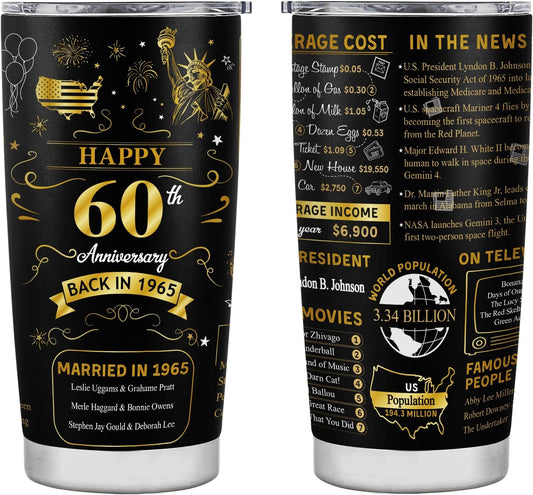 Happy 60th Anniversary Wedding Gifts for Men Women 60th Anniversary Tumbler 60 Years Wedding Gifts for Couple Wife Husband Back in 1965 Stainless Steel Vacuum Insulated Tumbler 20 oz