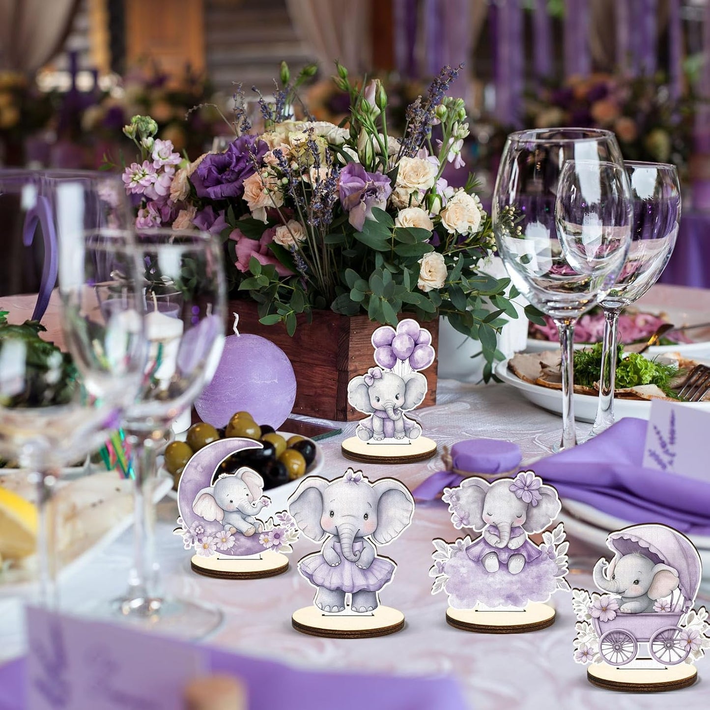 16 Pcs Wooden Baby Shower Table Centerpiece Purple Elephant Tabletop Detachable Sign Boy Or Girl Gender Reveal Table Toppers Display Decoration Elephant Birthday Photo Props Party Favor Supplies