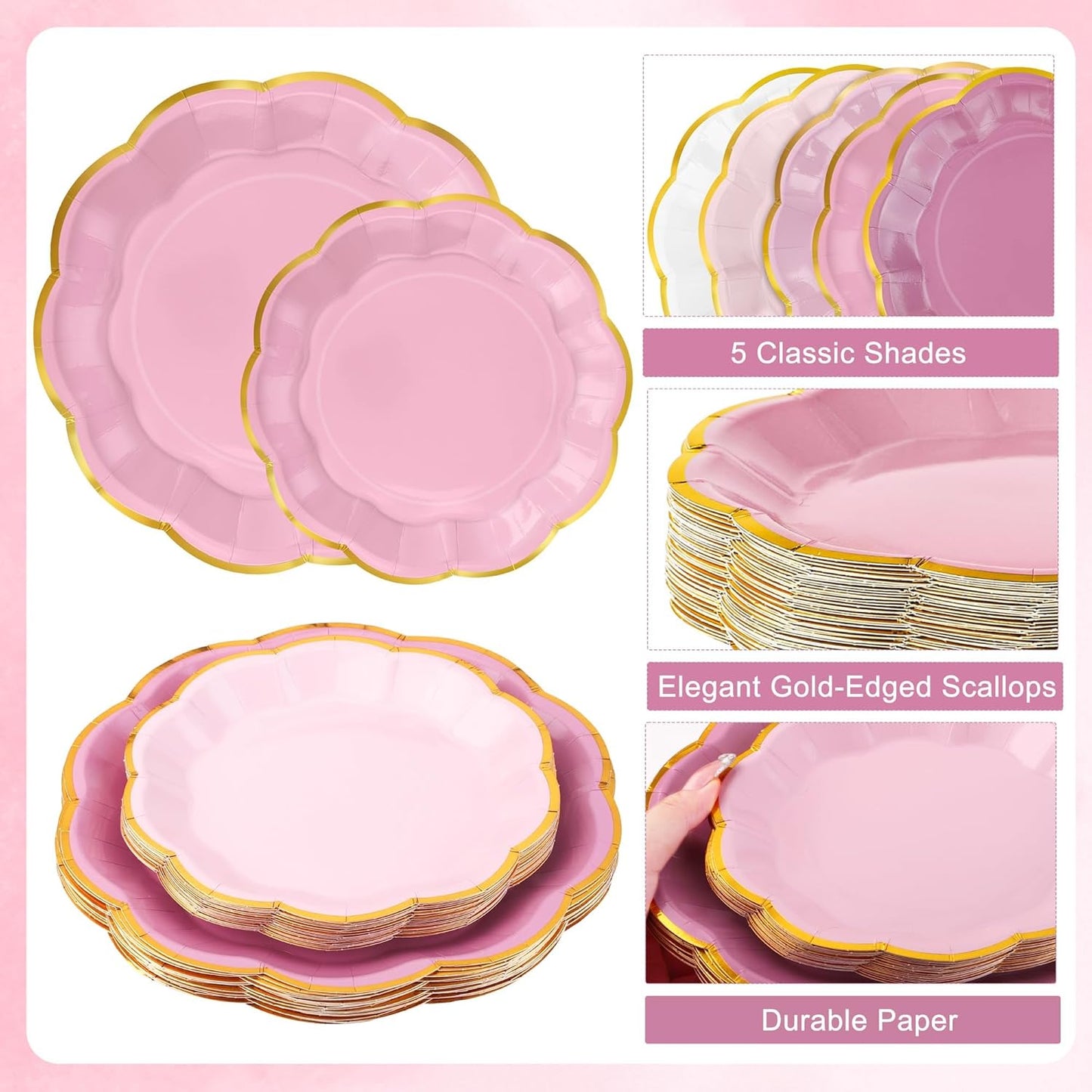 100 Pcs Dusty Pink Paper Plates and Napkins Gold Foil Scalloped Paper Plates & Napkins Disposable Tableware Set for Birthday Wedding Baby Shower Party Decorations