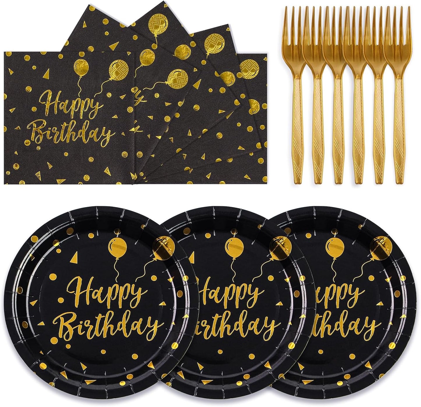 75PCS Happy Birthday Paper Plates - 7 Inch Black Gold Dot Paper Plates and 6.5 Inch Napkins with 6.3 Inch Gold Forks Disposable Tableware Set for Birthday Party Decorations, Serves 25