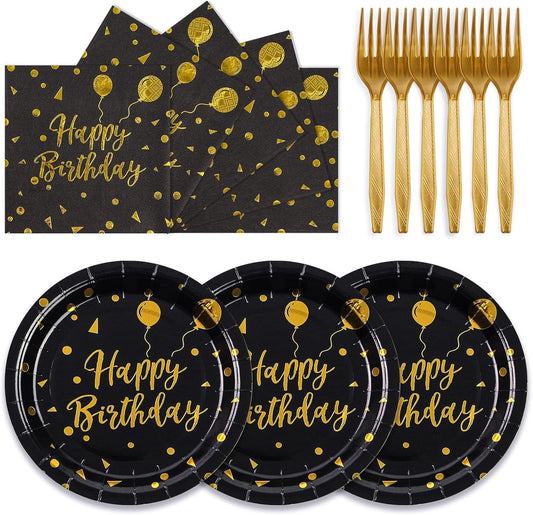75PCS Happy Birthday Paper Plates - 7 Inch Black Gold Dot Paper Plates and 6.5 Inch Napkins with 6.3 Inch Gold Forks Disposable Tableware Set for Birthday Party Decorations, Serves 25