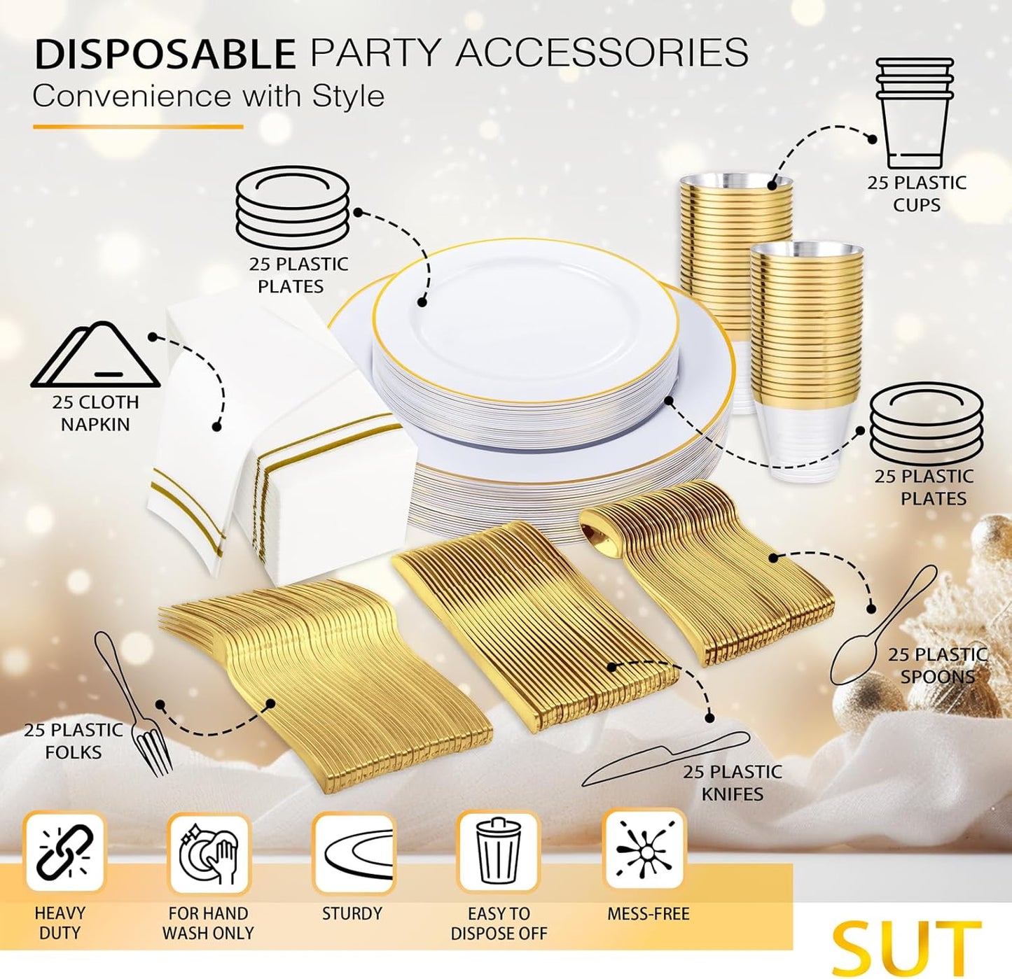 SUT 175 PCS Plastic Plates,Plates Disposable Heavy Duty for 25 Guests, Disposable Plates for Party, Plastic Disponsable plates including Party plates and Cups and Napkins Sets
