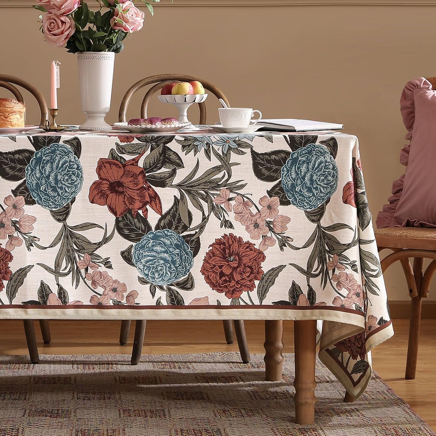 Designer French Linen Small Tablecloth for Rectangle Table,Red and Blue Floral Durable Tablecloths,Decor Table Cover for Kitchen,Dining,Thanksgiving,Christmas,55"*71"-Burgundyred