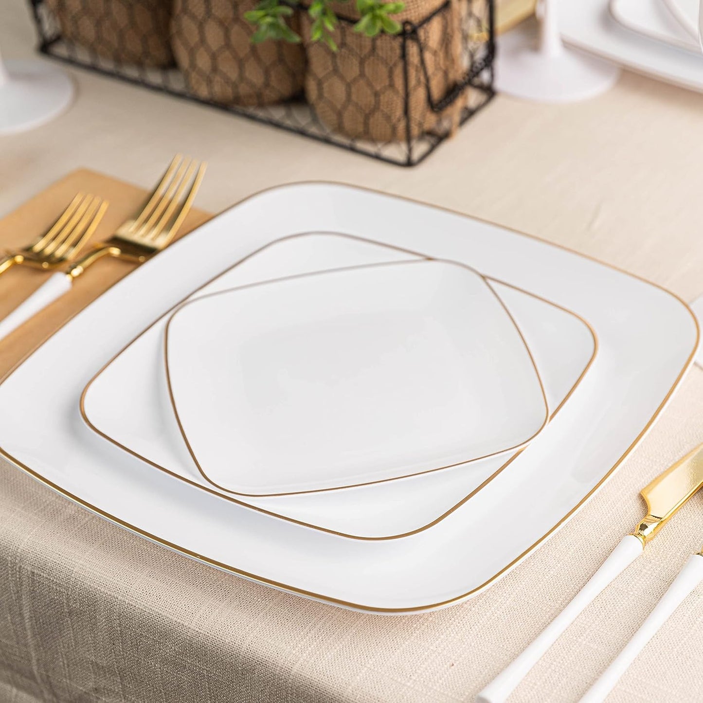 PLASTICPRO Square 32 Piece Combo Plates Set includes 16 x 7'' inch Salad Plates & 16 x 10'' inch Dinner Plates White Plastic Gold Rim Design Party Plates, Premium heavyweight Elegant,