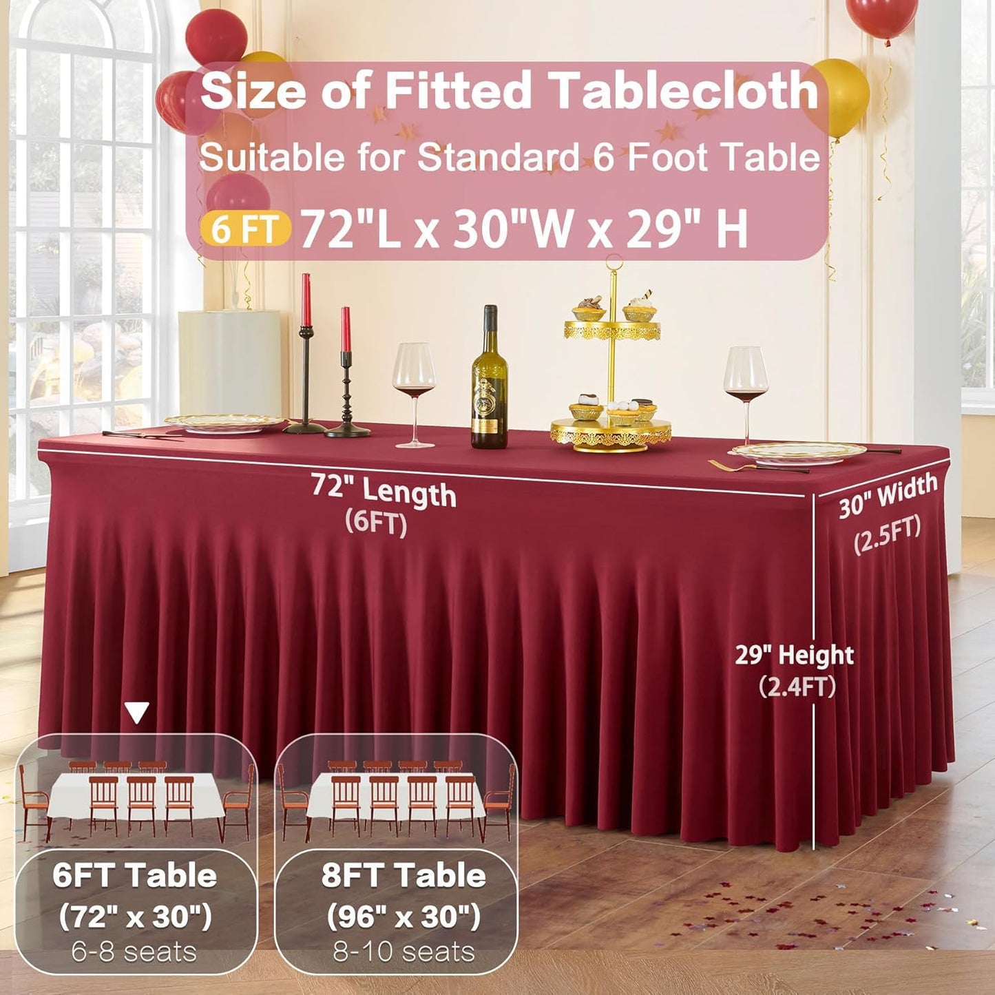 6 Pack Burgundy Spandex Tablecloth for 6 foot Rectangle Tables, Wrinkle Free Fitted Table Cloth Cover 6ft Maroon Stretchy Tablecloths with Skirt for Parties Weddings Birthday Banquet Baby Shower