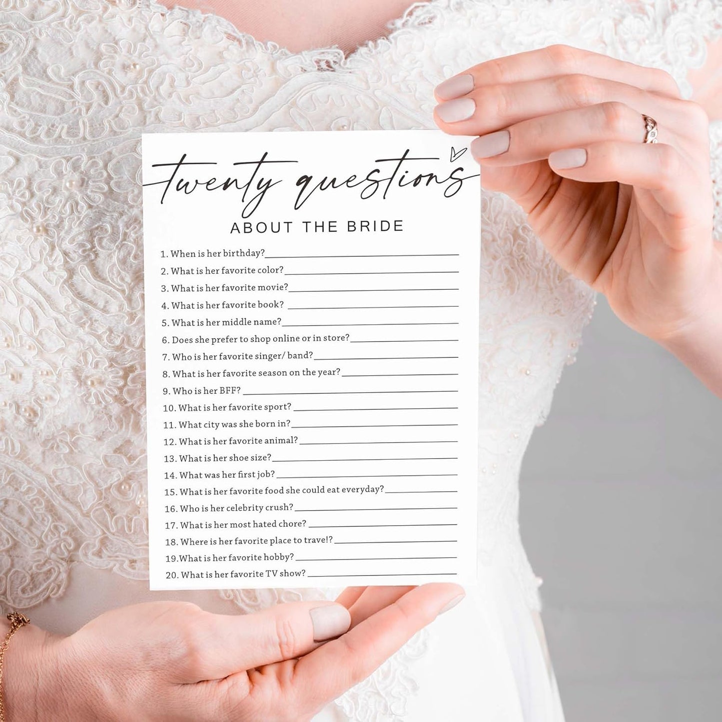 Bridal Shower Games Cards, Twenty Questions About The Bride, Bridal Shower Game 25 Guests, Engagement Party Wedding Games for Guests, Minimalist White Wedding Party Supplies - A05