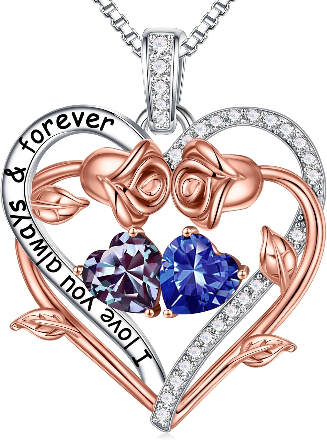 Iefil Rose Heart Double Birthstone Necklace Gifts for Wife Her Mom Women, Birthstone Jewelry Gemstone Birthday Gifts for Girlfriend Grandma Her Wife Women