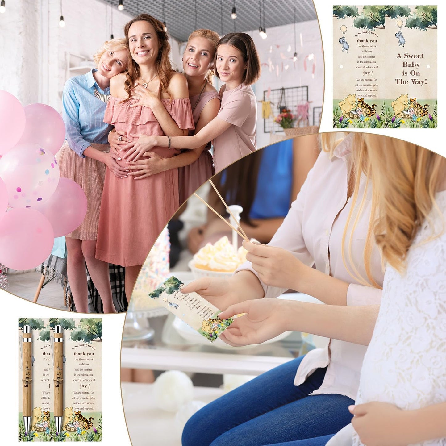 30 Pieces Baby Shower Gifts for Guests, Winnie Baby Shower Sets, Included Bamboo Pens Greeting Cards for Games, Gender Reveal Souvenirs Prizes, Winnie Baby Shower Decorations