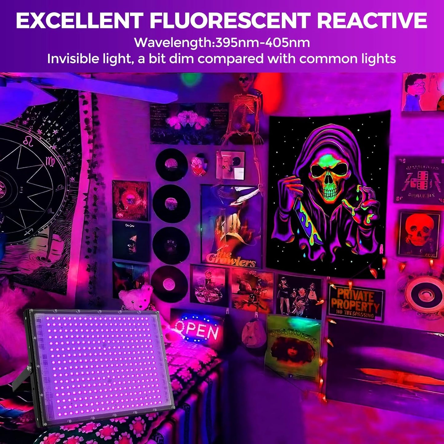 300W LED Black Lights for Glow Party, Black Light Flood Light IP65 Waterproof 395nm UV Blacklight Floodlight Purple Black Light Spotlight Fluorescent UV Light Lamp for Halloween Decor (4 Pack)