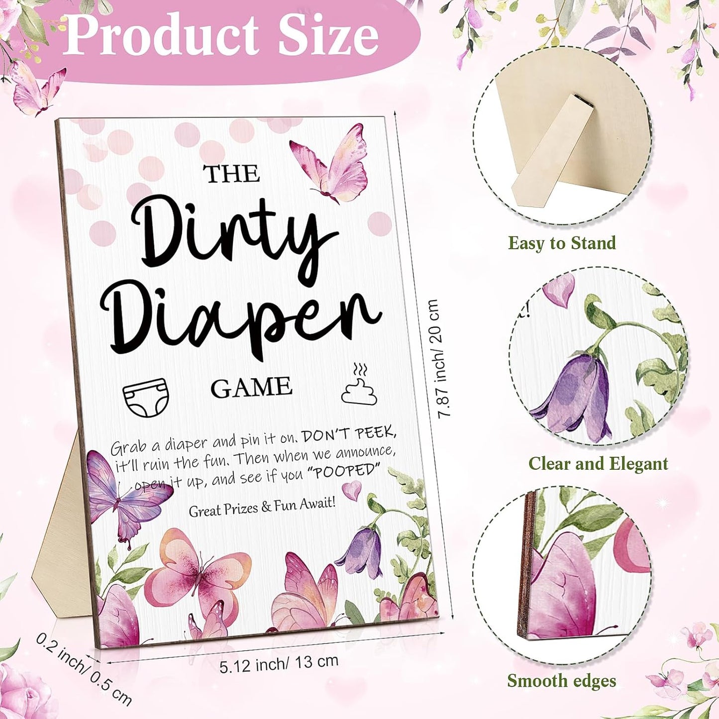 Roowest 51 Pcs Dirty Diaper Baby Shower Games Funny Wooden Sign with 50 Pcs Mini Diapers Cute Felt for Gender Reveal Party Baby Shower(Pink Butterfly)