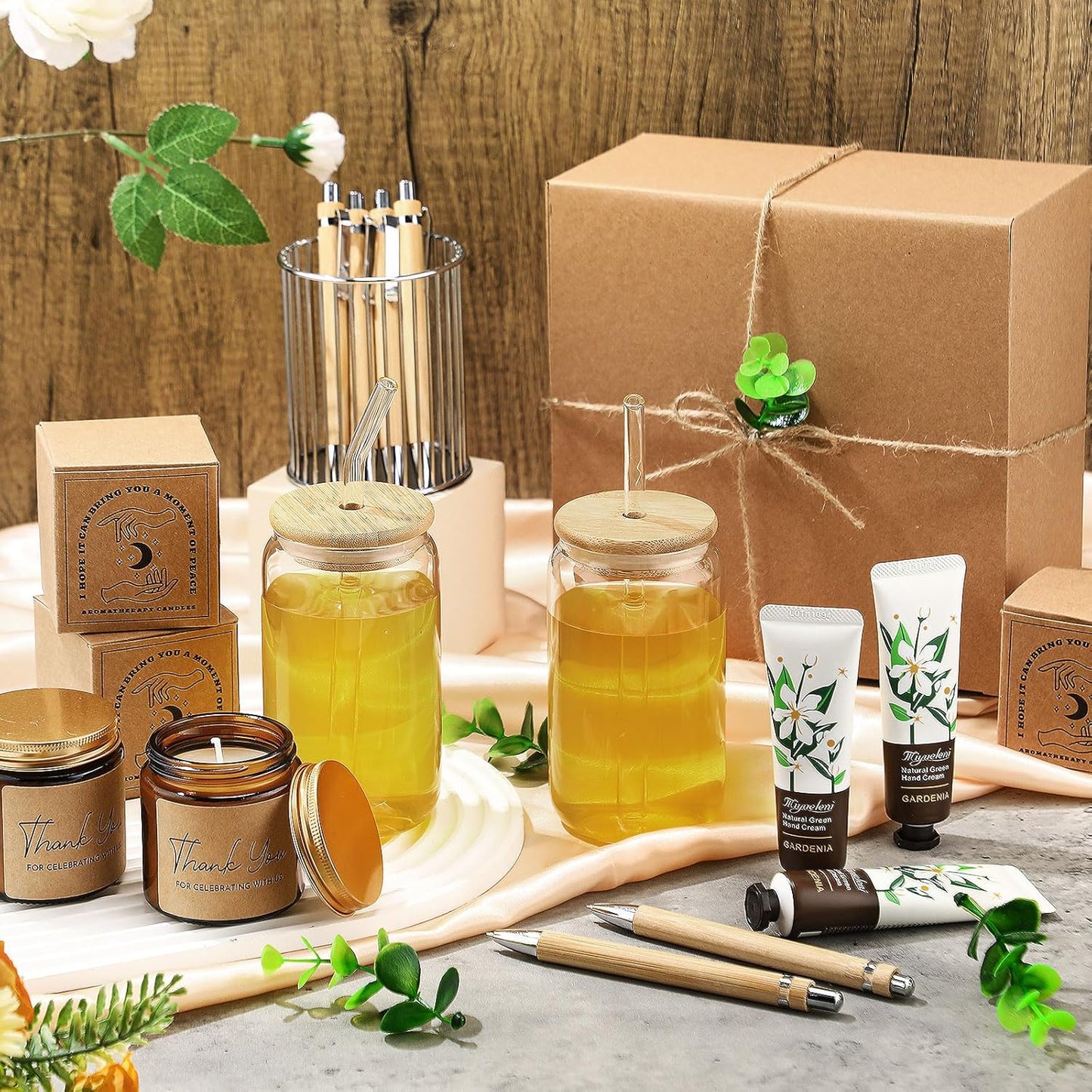 6 Sets Baby Shower Game Prizes for Winners, Glass Cup Scented Candles Hand Cream Pens Gift Box with Raffia for Baby Shower Wedding Bridal Favors for Guests(Khaki)