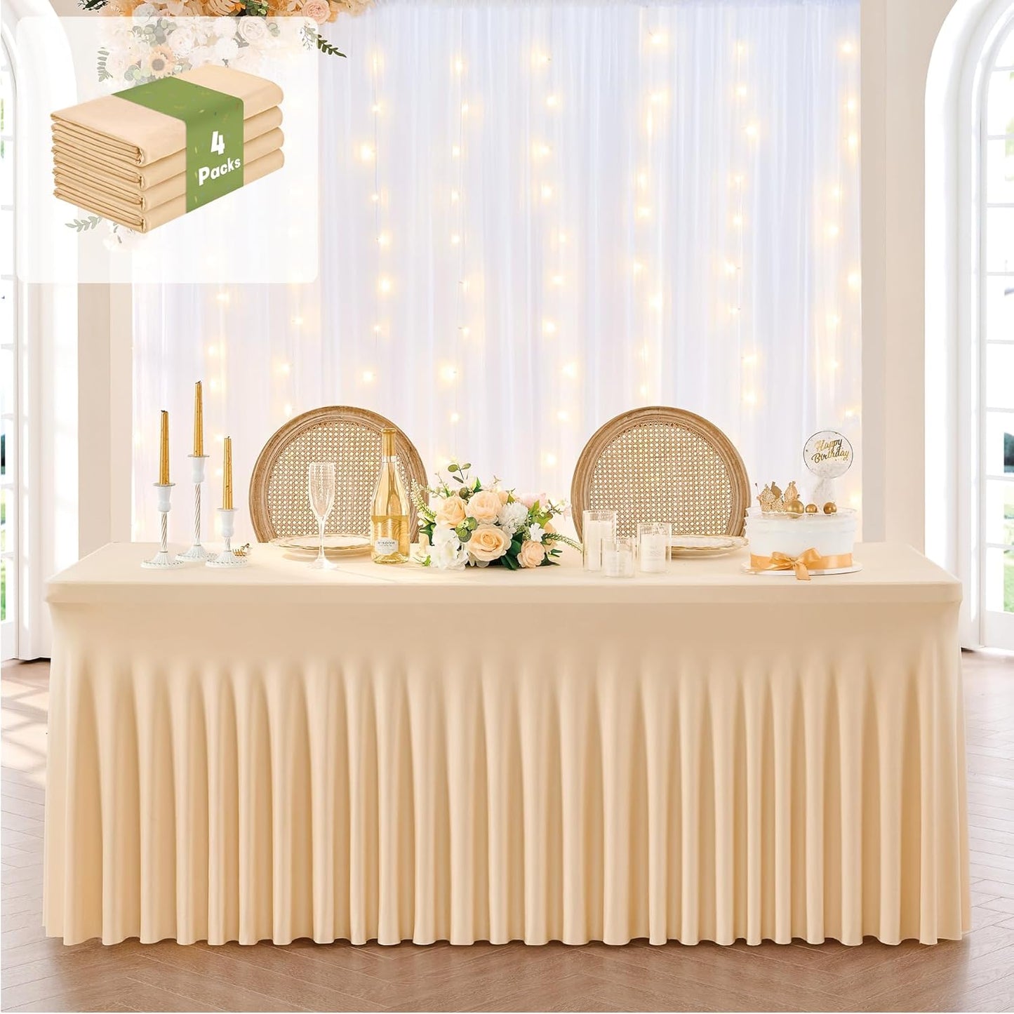leegleri 4 Pack Champagne Spandex Table Clothes for 6 Foot Rectangle Tables, Wrinkle Free Fitted Table Cover 6ft Stretch Tablecloths with Skirt for Parties Weddings Birthday Banquet Baby Shower