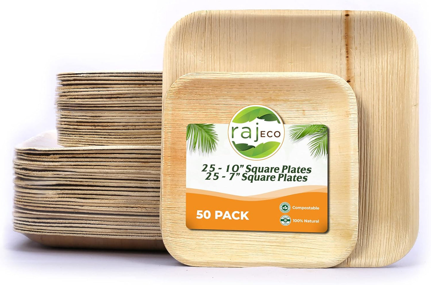 Raj Palm Leaf Plates [50-Pack] 10"x25 7"x25 Square Plates like Bamboo plates Disposable, Decorative Compostable Tableware for wedding, Lunch, Dinner, Birthday, Camping, Outdoor BBQ, Picnic