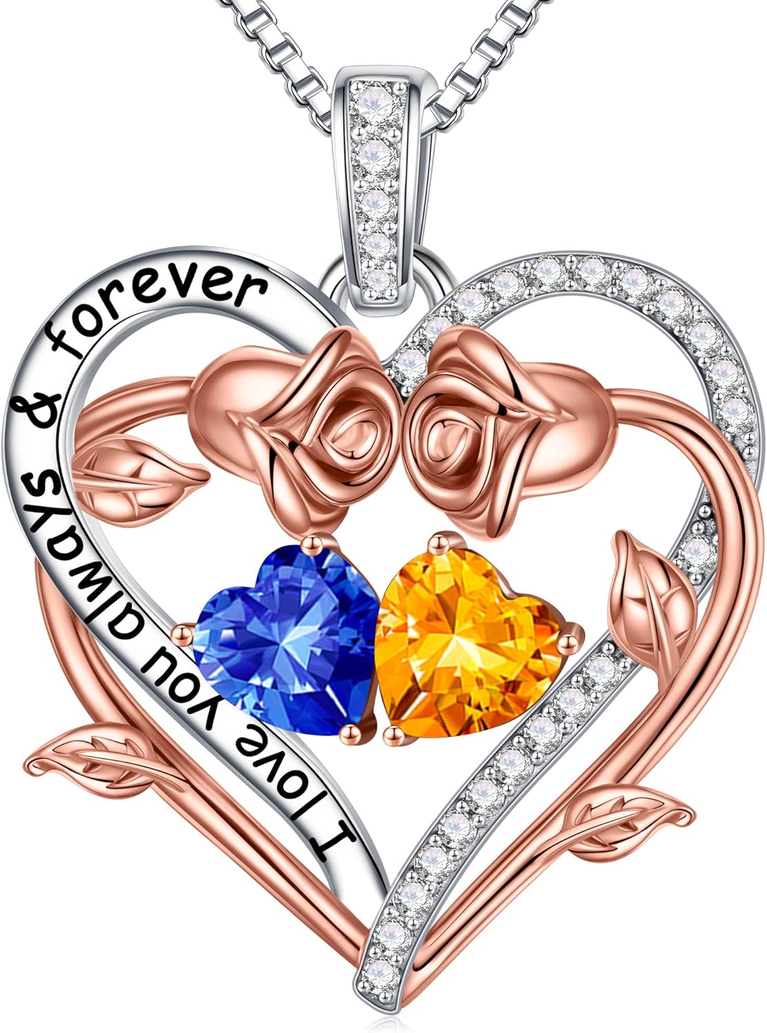 Iefil Rose Heart Double Birthstone Necklace Gifts for Wife Her Mom Women, Birthstone Jewelry Gemstone Birthday Gifts for Girlfriend Grandma Her Wife Women