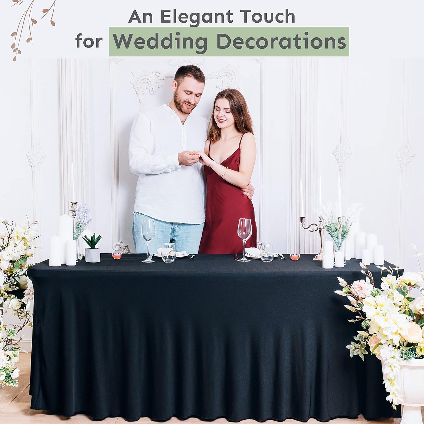 Table Skirt for Rectangular Tables 8ft - Spandex TableCovers for Standard 8 Foot Table - One Piece Fitted Elastic Tablecloth - Wrinkle Resistant Ruffles Design for Weddings, Party, Events (Black)