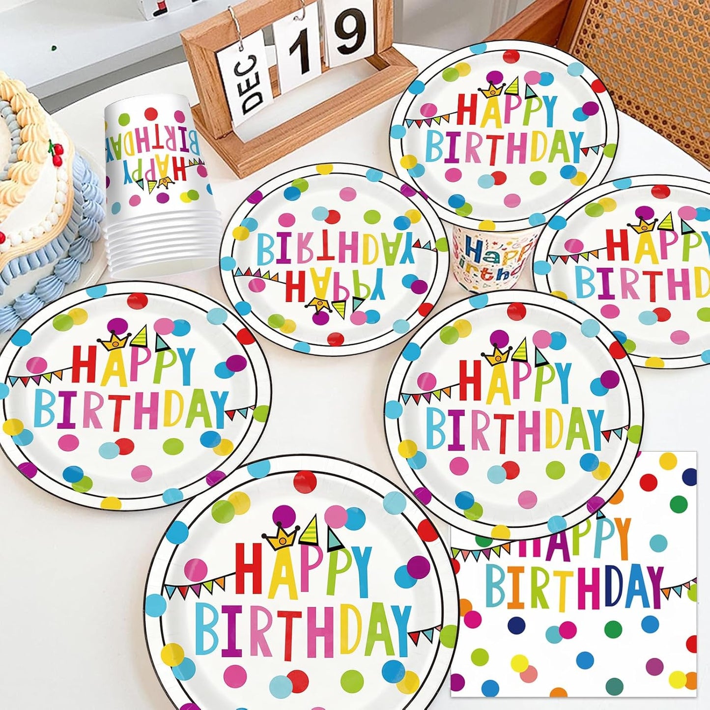 Happy Birthday Paper Plates and Napkins Sets - 350 Pcs Polka Dots Happy Birthday Party Supplies Tableware Set, Disposable Plates Napkins Kit for Boys Girls Birthday Party Decorations, Serves 50