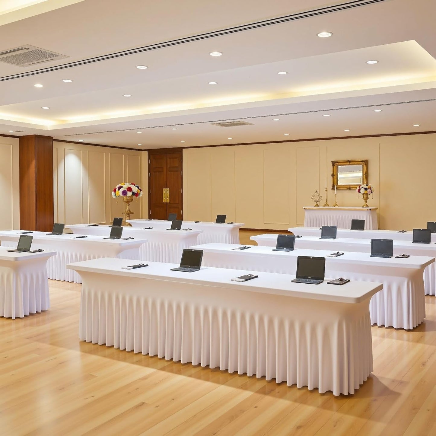 4 Pack Spandex White Tablecloths for 8 Foot Rectangle Tables, Wrinkle Free Fitted Table Cloth 8ft Stretchy Tablecover Desk Skirt for Parties Weddings Birthday Banquet Baby Shower