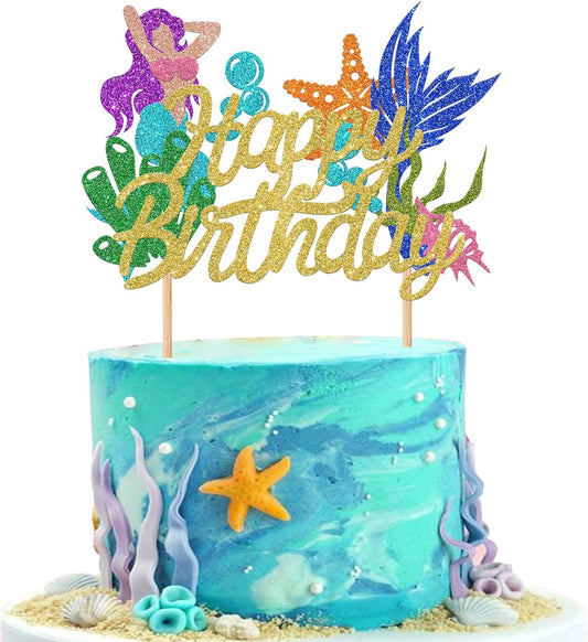 1 Pack Mermaid Cake Topper Happy Birthday Cake Pick Ocean Sea Seahorse Starfish Mermaid Tail Cake Decoration for Summer Baby Shower Kids Birthday Party Supplies Gold
