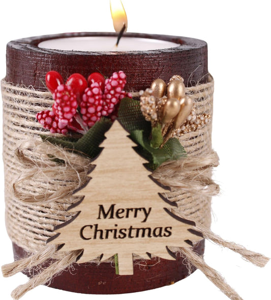 HTF Pack of 10 Christmas Decorations Wood Tealight Candle Holder, Coworker Gift, Happy, New Year, Christmas Candles, Noel Xmas Decoration (CH-Tree, Dark Brown)