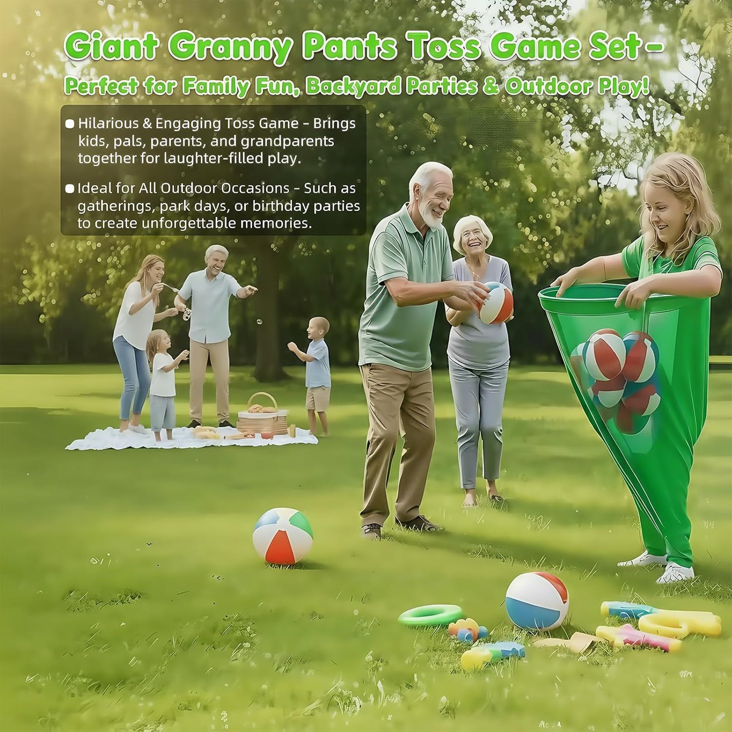 Giant Granny Pants Toss Game Set – Funny Outdoor Party Game with 6 Bouncy Balls & Air Pump | Hilarious Yard Toss Challenge for Families, Adults & Kids, BBQs, Team Events
