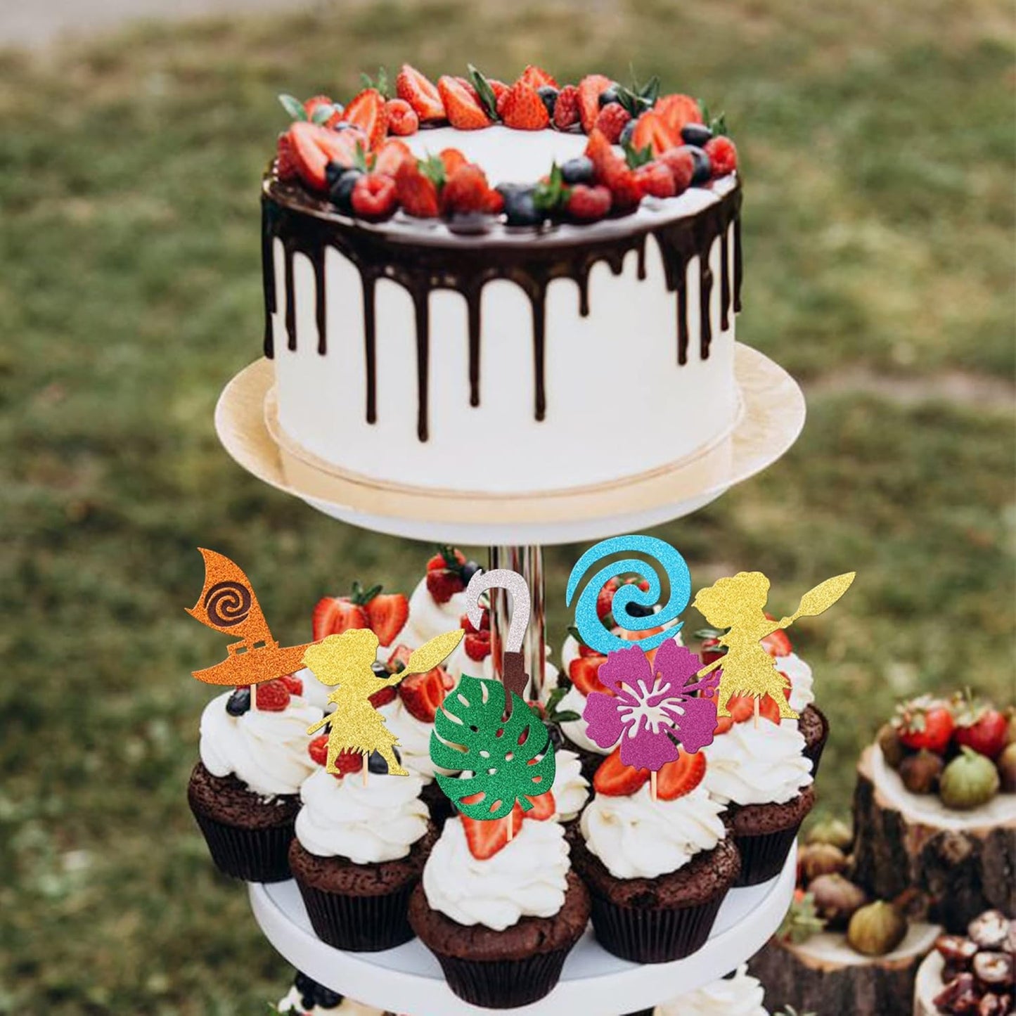 24 PCS Moana Inspired Cupcake Toppers Assembled Glitter Palm Leaf Flower Moana Cupcake Picks for Tropical Hawaiian Luau Theme Baby Shower Birthday Party Cake Decorations Supplies