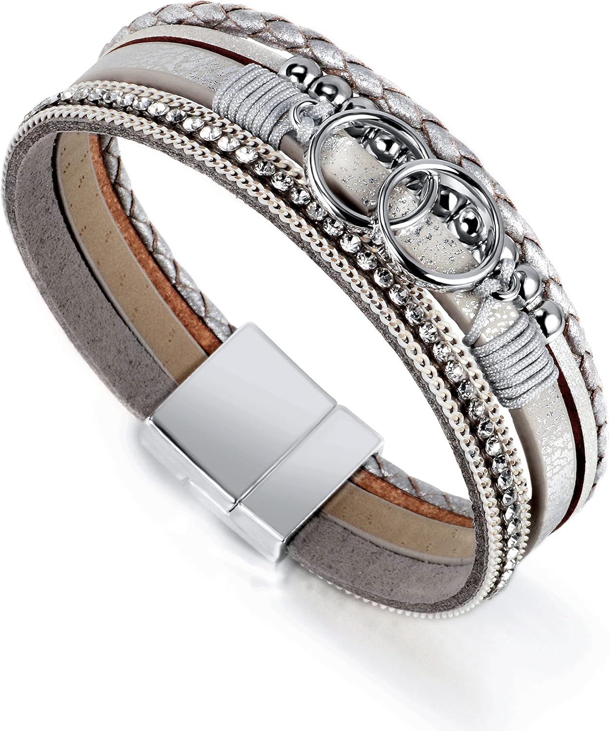 Fesciory Leopard Bracelet for Women, Boho Leather Wrap Multi-Layer Pearl Crystal Bracelet Bangle Jewelry