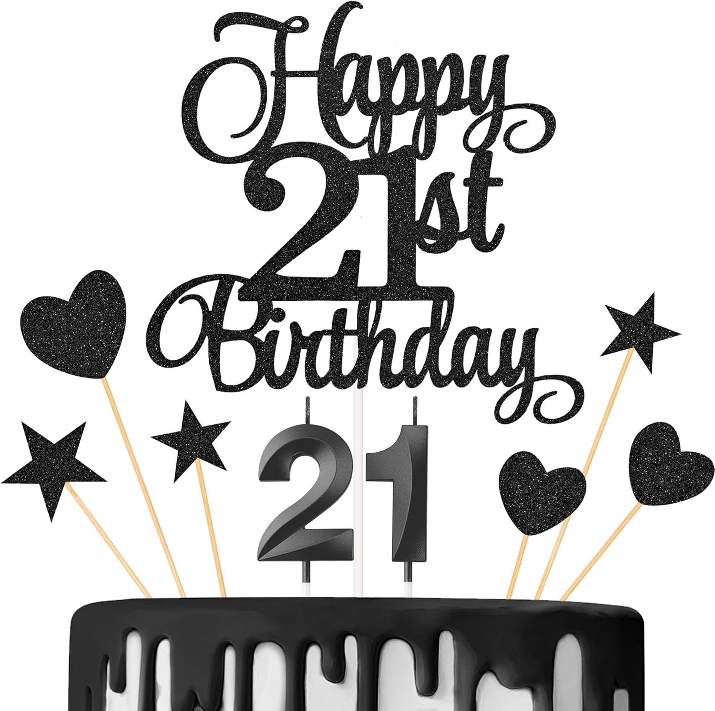 21st Birthday Cake Toppers, 21st Birthday Candles Numeral Candles and Glitter Cake Decorations Toppers Set for Party Supplies (Black)