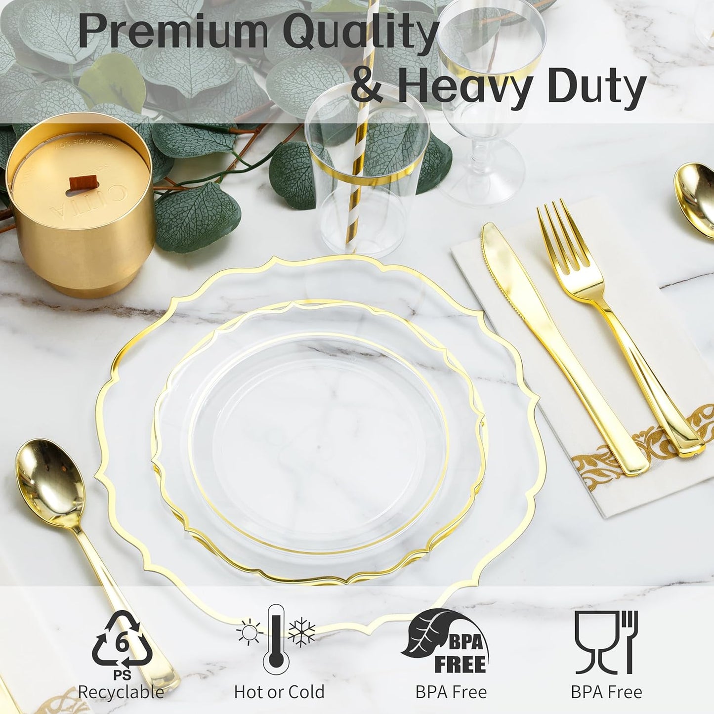 200 PCS Baroque Clear Gold Dinnerware Set for 25 Guests,Gold Rimmed Heavy Duty Plastic Disposable Plates for Party Wedding with Napkins,25Dinner Plates,Dessert Plates,Spoons,Forks,Knives,Cups