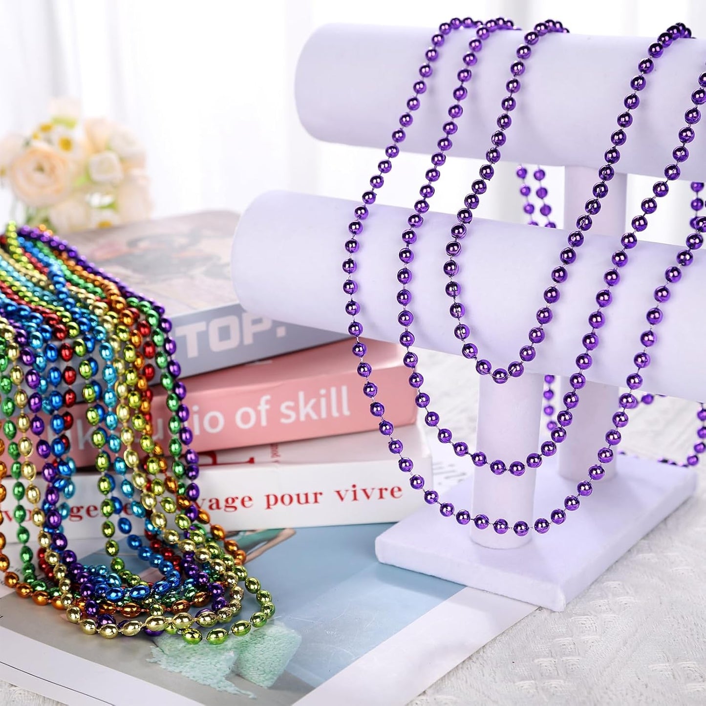 48 Pack Mardi Gras Beads Necklaces, 33 Inch Plastic Beads for Party Favors, Festival Decorations, Parade Throws, Christmas, St. Patrick's Day Celebrations