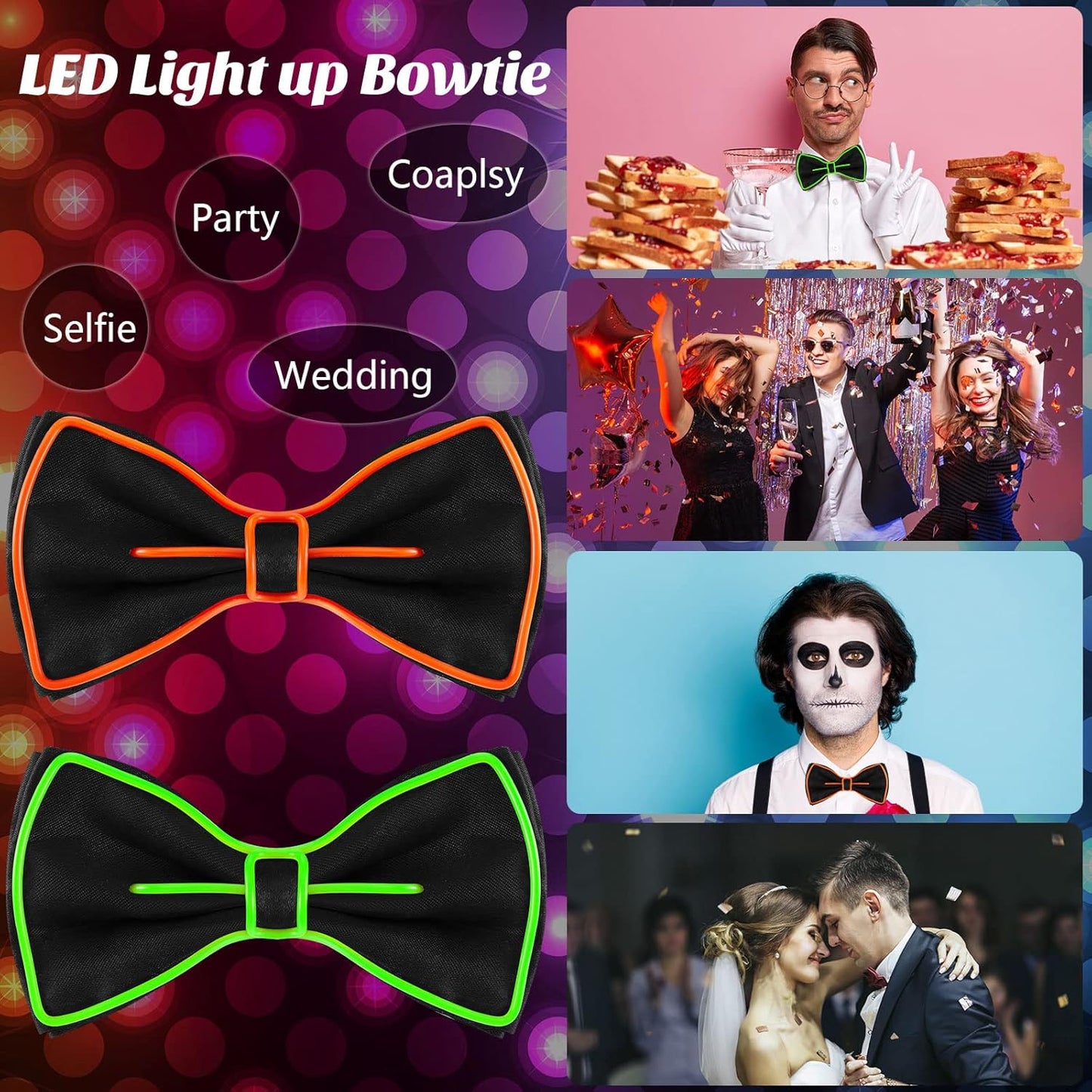 Hercicy Light up Bow Tie for Men LED Neon Bowtie Funny Ties Women Glow in the Dark Party Costume