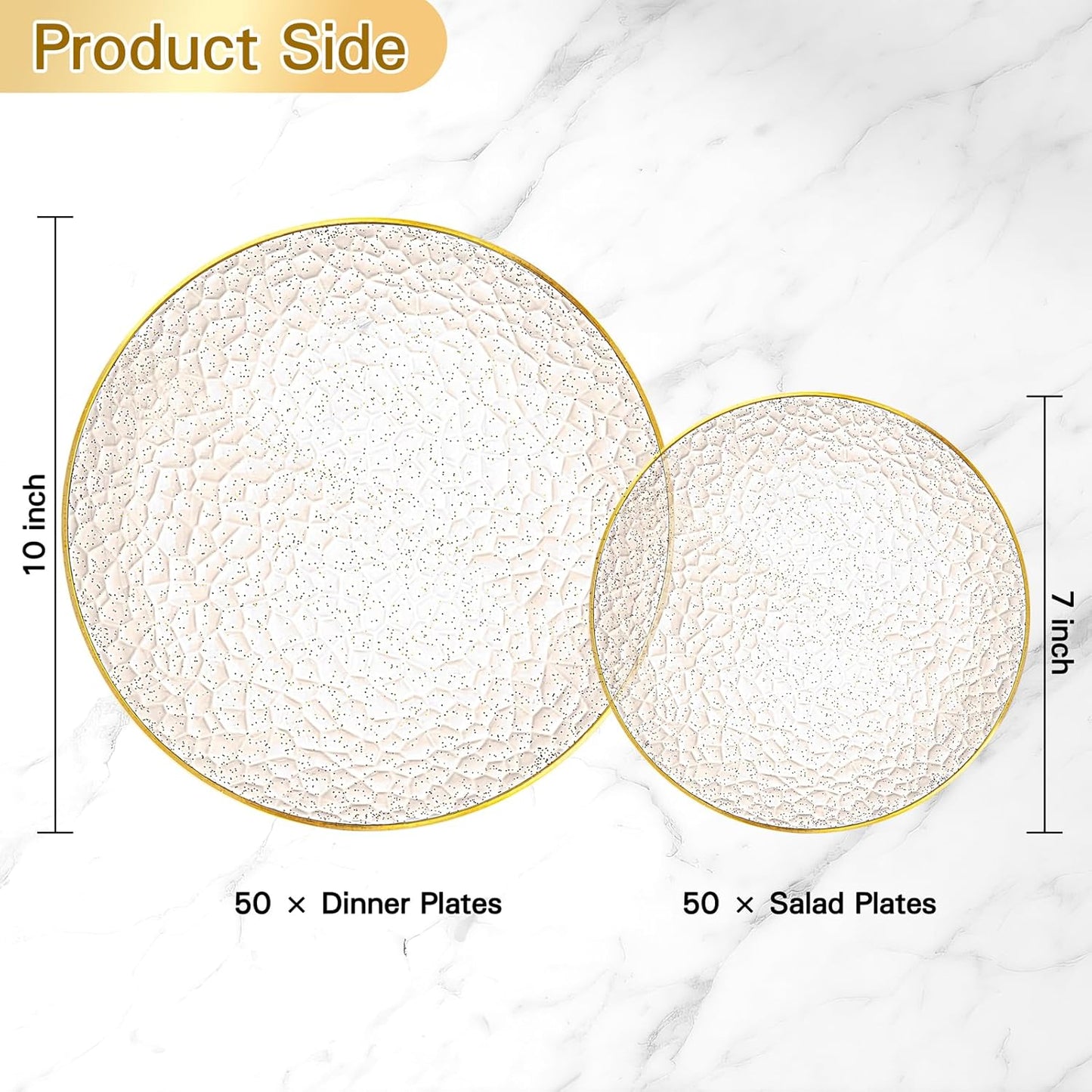 Rubtlamp 100Pcs Clear Gold Plastic Plates, Gold Glitter Disposable Plates, Hammered Plastic Plates Included 50 Dinner Plate And 50 Dessert Plate for Weddings Party Birthday