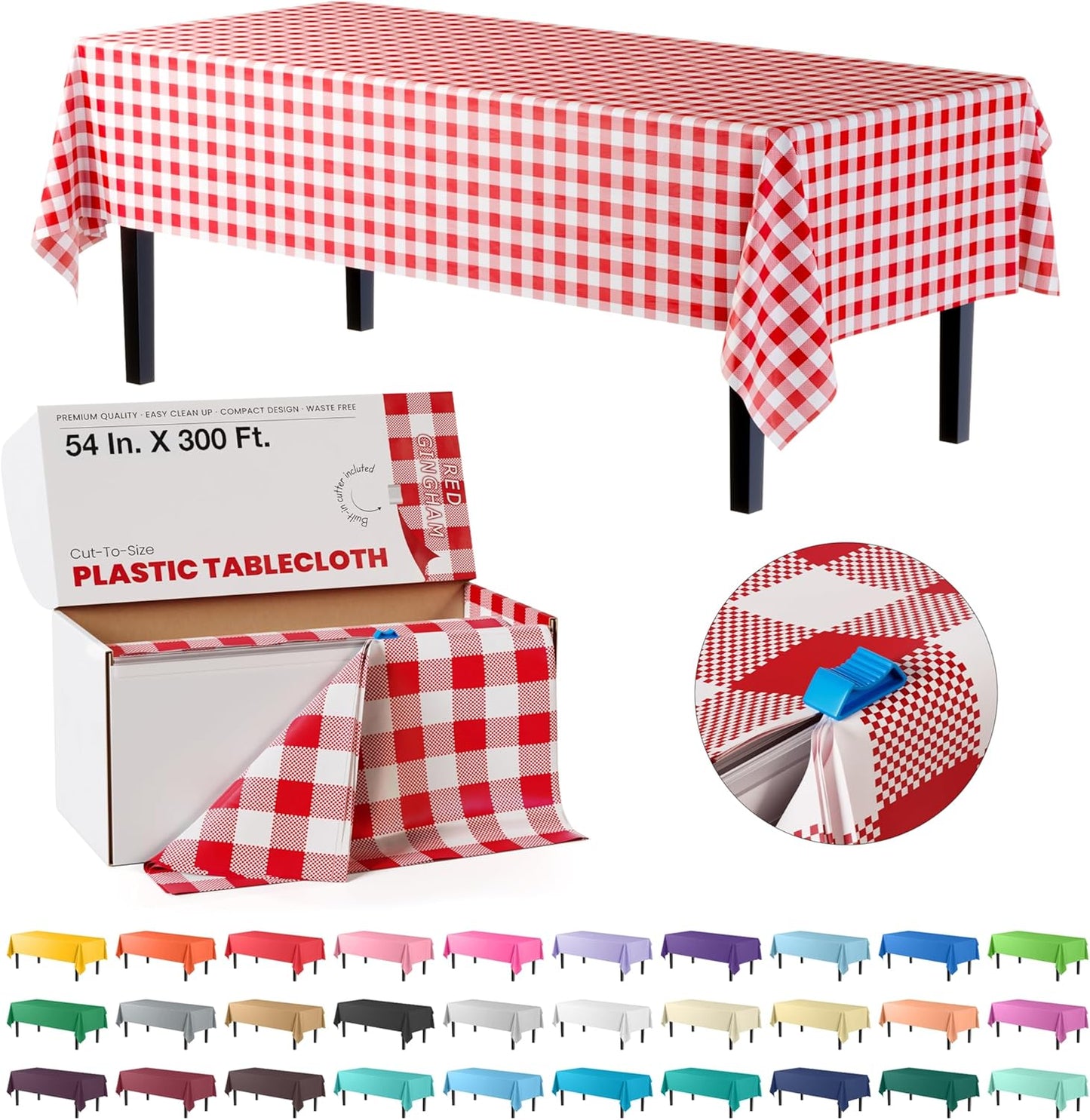 Party Solids 54 Inch X 300 Feet Red Gingham Plastic Table Cover Roll in A Cut - to - Size Box with Convenient Slide Cutter. Cuts Up to 36 Rectangle 8 Feet Plastic Disposable Tablecloths