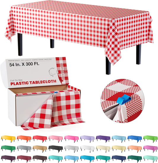 Party Solids 54 Inch X 300 Feet Red Gingham Plastic Table Cover Roll in A Cut - to - Size Box with Convenient Slide Cutter. Cuts Up to 36 Rectangle 8 Feet Plastic Disposable Tablecloths
