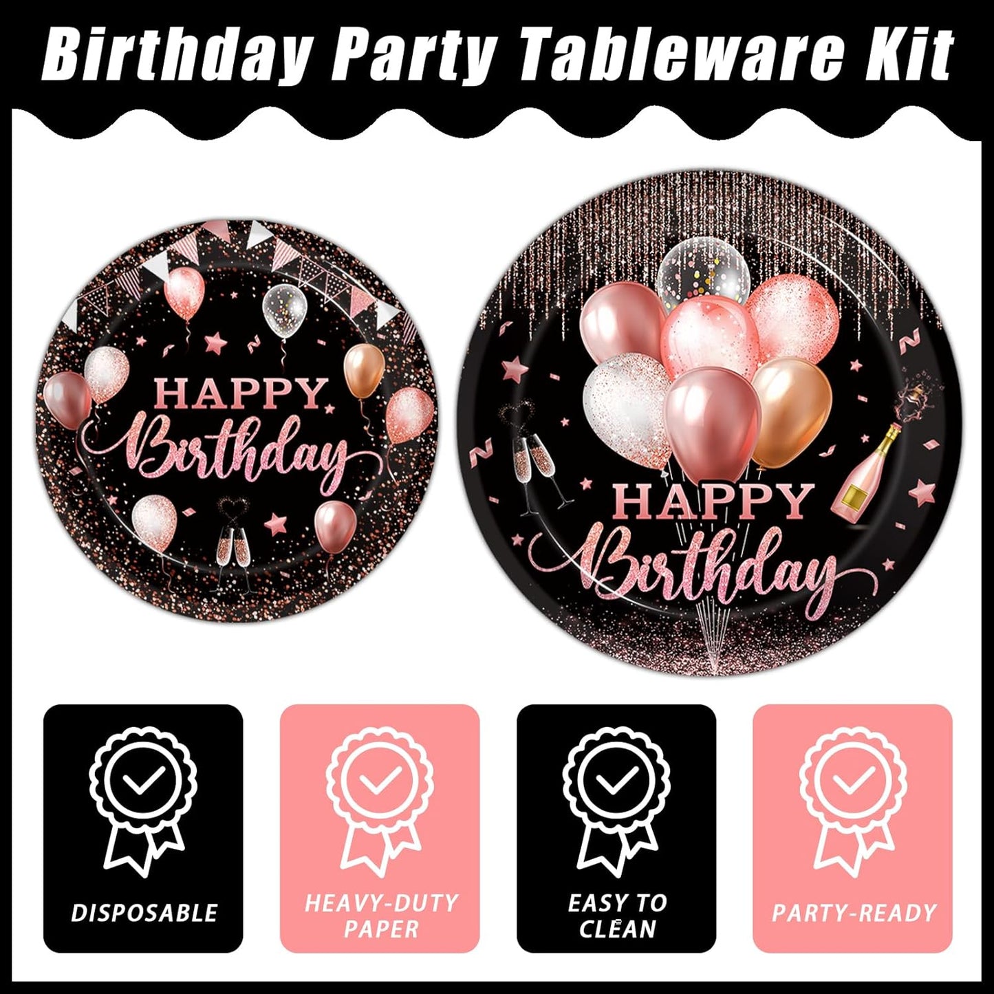 96 Pcs Rose Gold Birthday Plates and Napkins Party Supplies for Women Paper Pink Girls Glitter Happy Birthday Party Disposable Tableware Set Decorations Favors, Serves 24