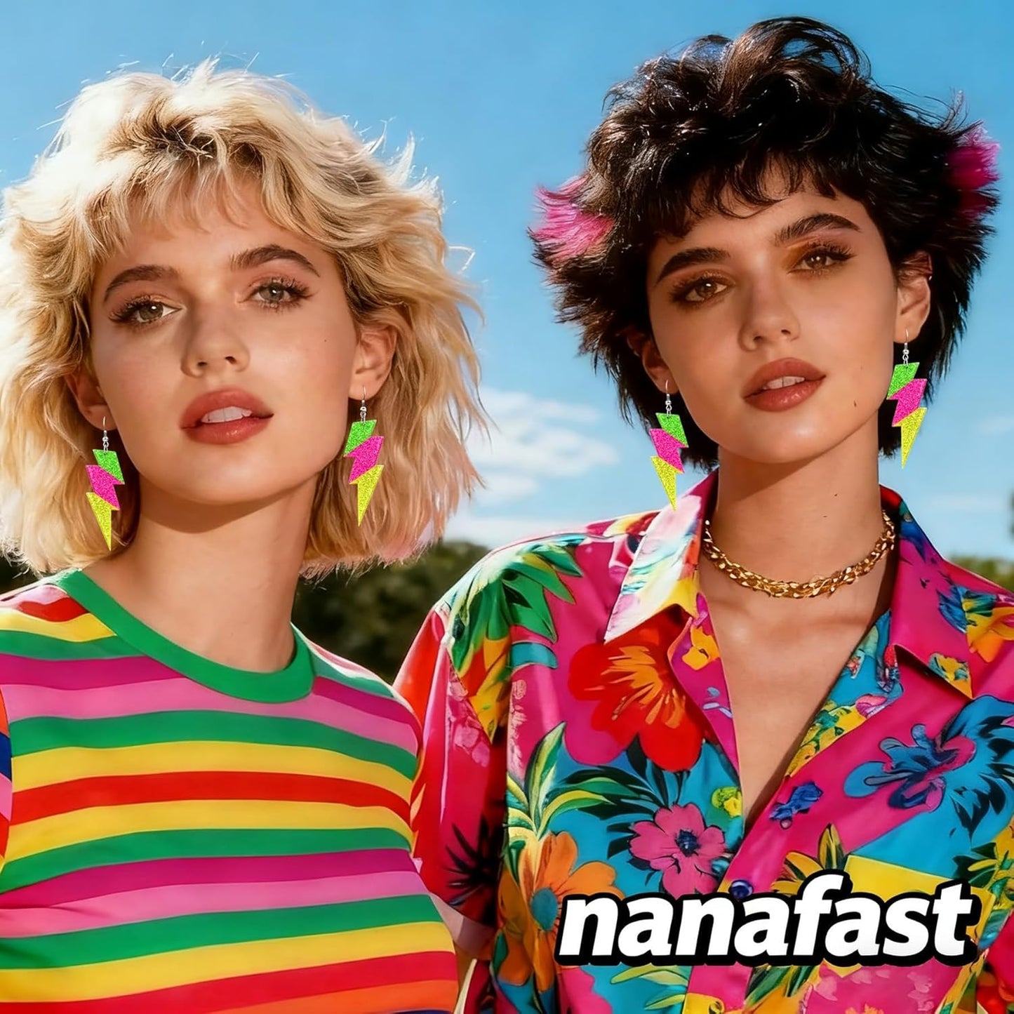 Nanafast 80S Neon Earrings Lightning Bolt Dangle Earrings for Women, 80s Accessories for Women Colorful Gradient Neon Jewelry