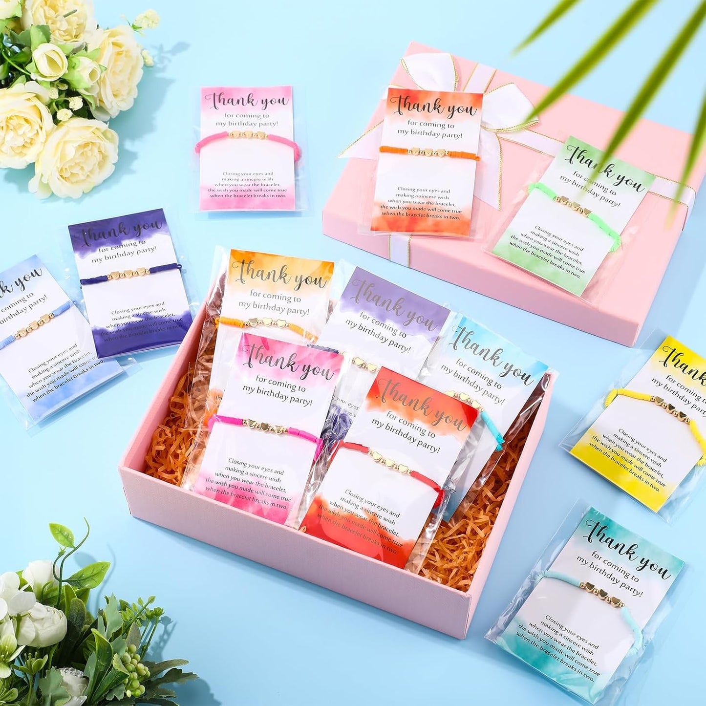 Birthday Party Favor Bracelets Beaded Rainbow Clay Heart Bracelet with Thank You Wish Gift Card for Kids Girls Birthday Party Supplies Bags Suffer with Different Themes