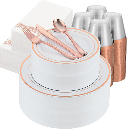 700 PCS Rose Gold Plastic Plates for 100 Guests, Rose Gold Disposable Dinnerware Sets Include 100 Dinner&Salad Plates, 100 Silverware Set, 100 Napkins, 100 Cups