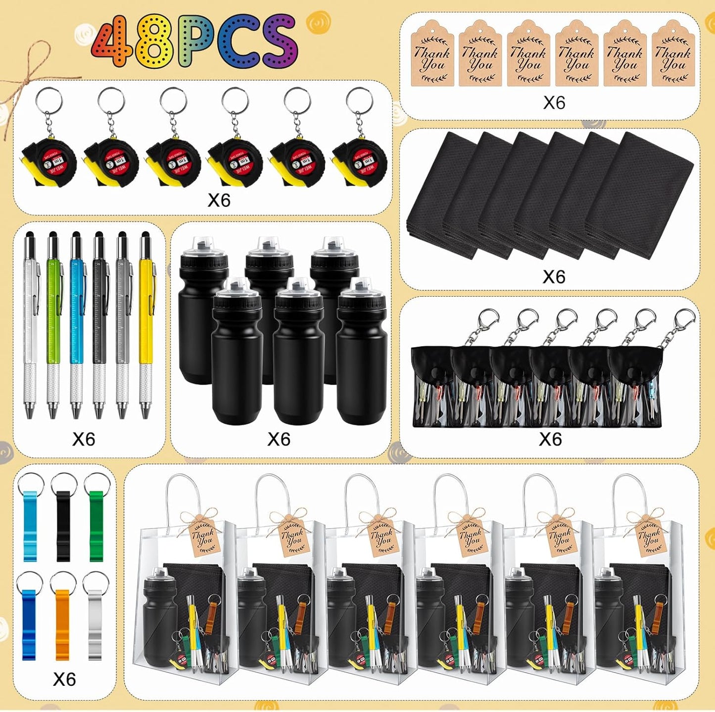 6 Sets Baby Shower Prizes for Men with Kettle Ruler Pen Cooling Towel Tool Kit Bottle Opener Cardboard Hemp Rope Plastic Bag for Baby Shower Game Winners Men Bachelor Party