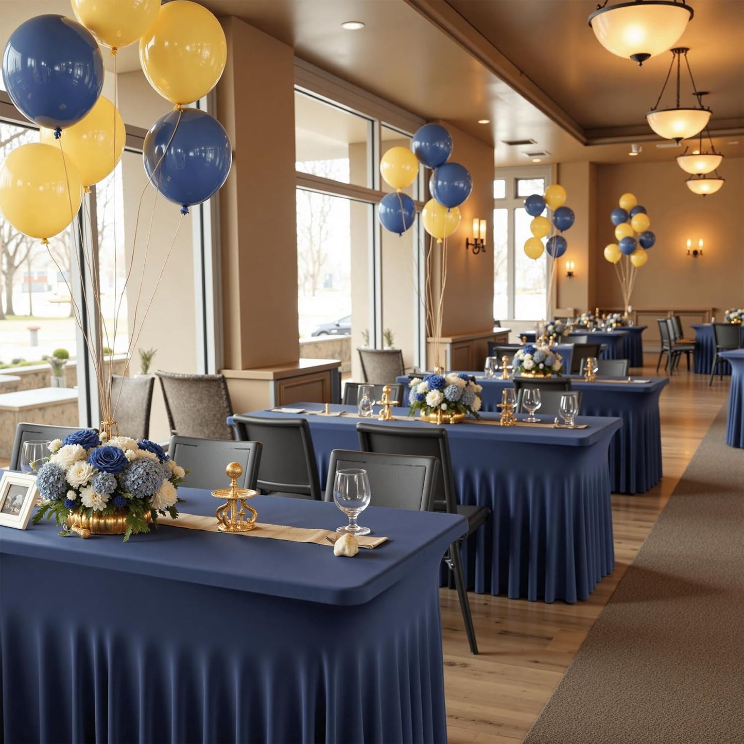 4 pk Navy Blue Spandex Tablecloth 6ft with Ruffled Skirt, Wrinkle Free High Stretch Fitted Tablecloths for 6 Foot Rectangle Tables, Elastic Navy Spandex Table Covers 6 ft for Graduation Wedding Party