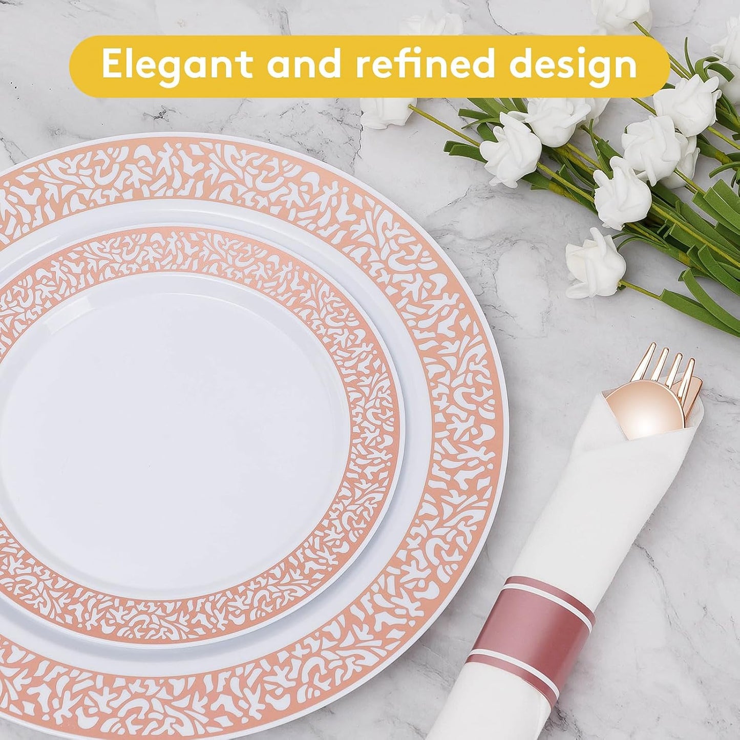 Goodluck 350 Piece Rose Gold Plastic Dinnerware Set for 50 Guests, Disposable Lace Plates for Party, Include: 50 Rose Gold Party Plates, 50 Dessert Plates, 50 Pre Napkins with Silverware, 50 Cups