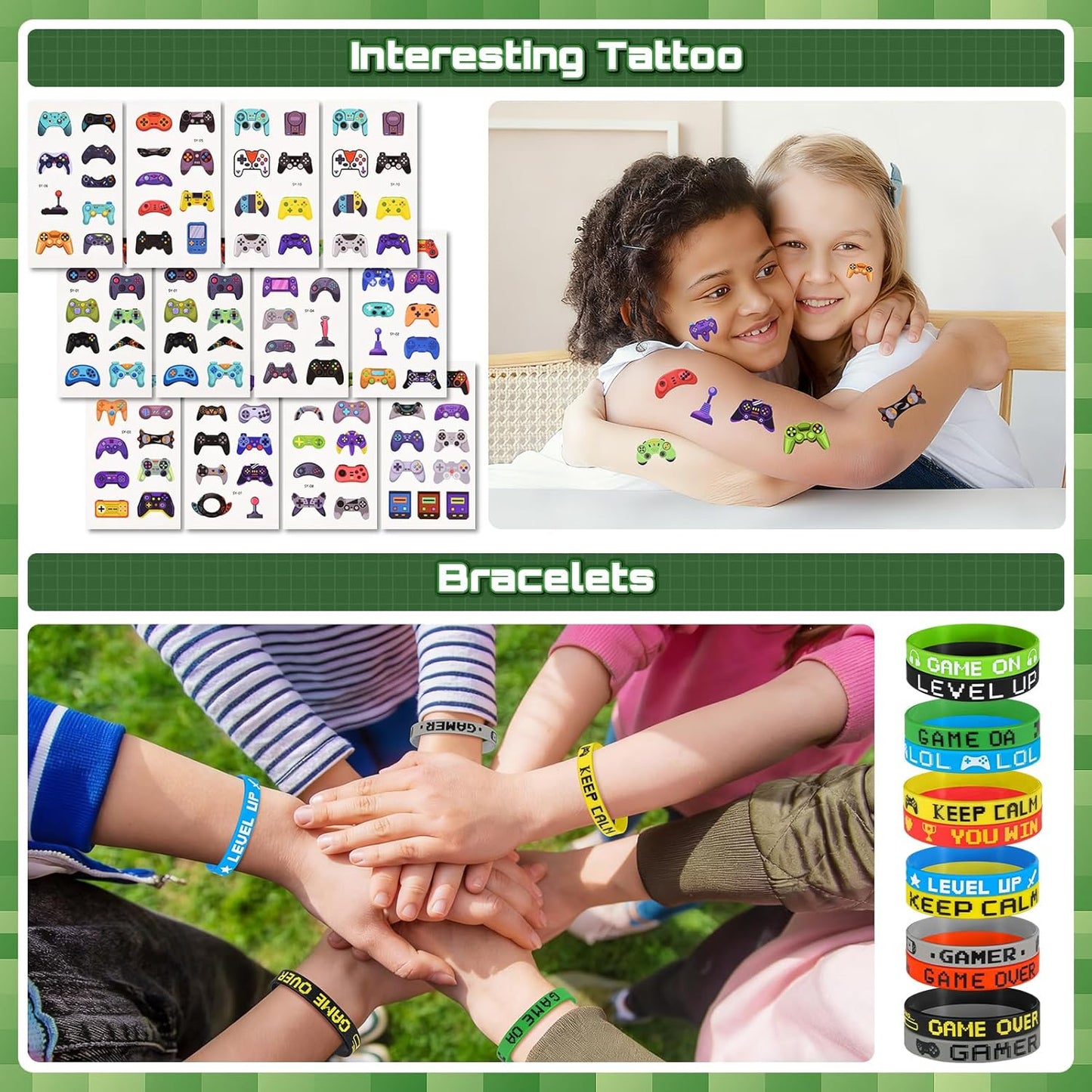 Video Game Party Favors for Kids: Pixel Theme Goodie Bags Stuffers Birthday Party Supplies, Bracelets, Keychain, Sunglasses, Notepads, Stickers, Gift Bags Serves 12 Boy Girl Birthday Party Decorations