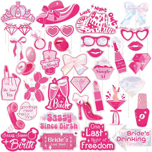 SUNBEAUTY 36 Pcs Bachelorette Photo Booth Props Pink Girls Birthday Decorations Photo Props for Wedding Bridal Shower Bachelorette Party Supplies