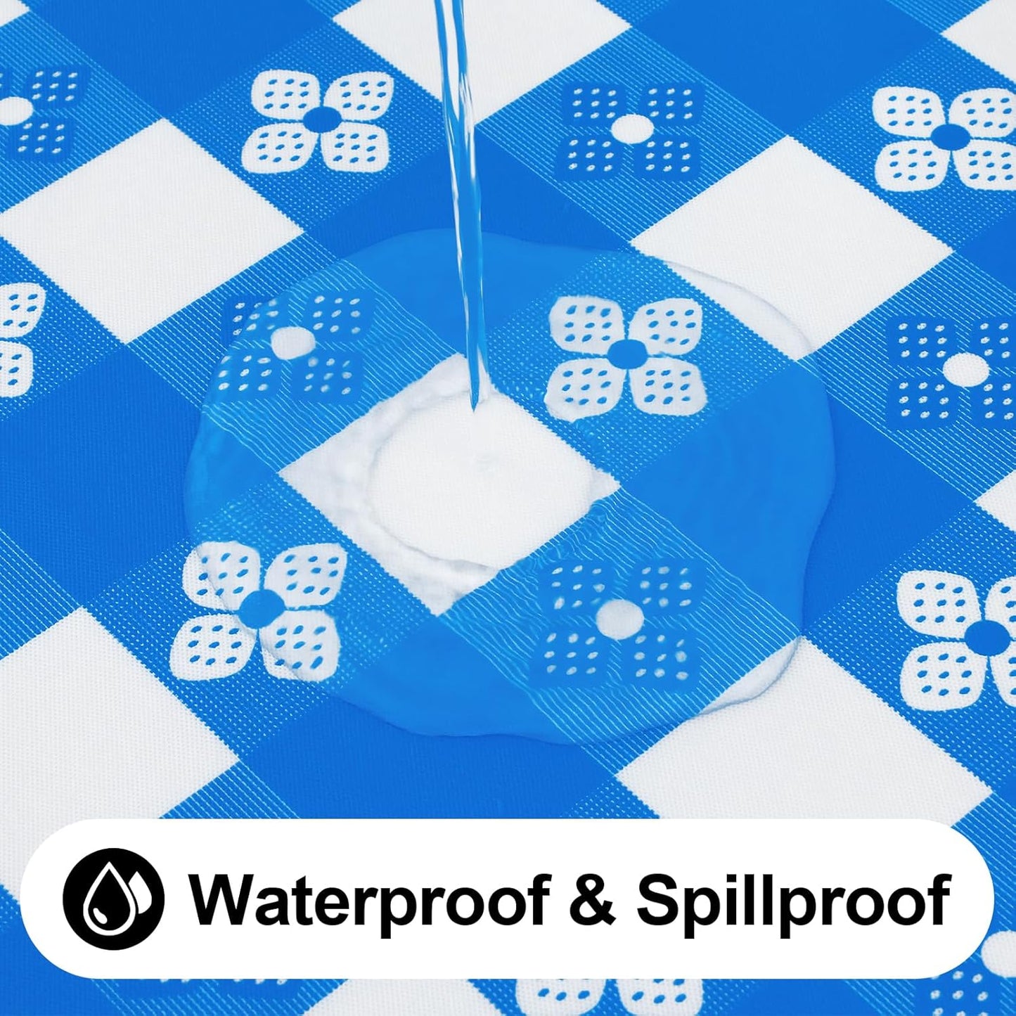 Rectangle Vinyl Table Cloth, Waterproof Elastic Fitted Tablecloth with Flannel Backing, Plastic Table Cover for Picnic, Camping, Outdoor (Blue & White, 30"x96")
