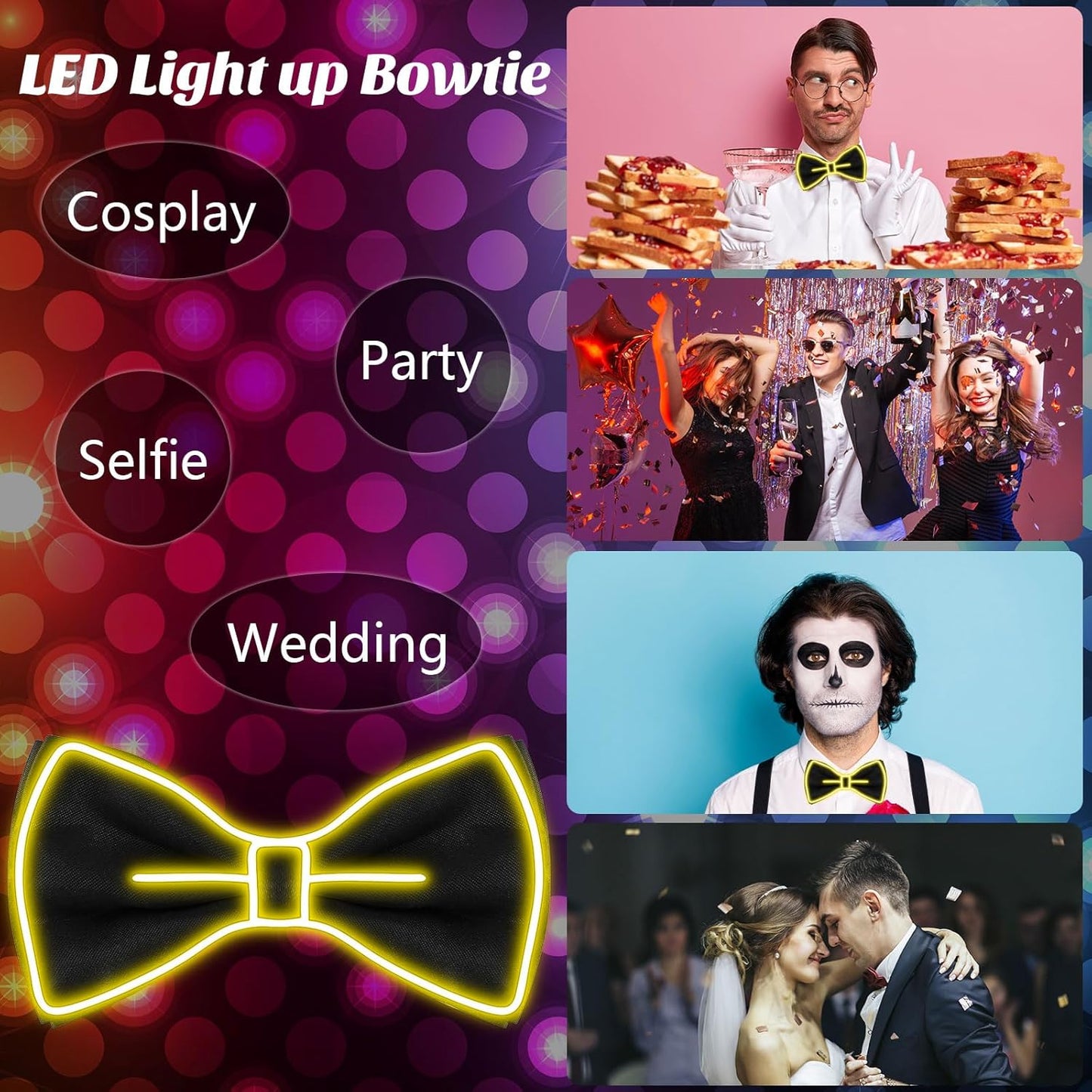 Hercicy Light up Bow Tie for Men LED Neon Bowtie Funny Ties Women Glow in the Dark Party Costume