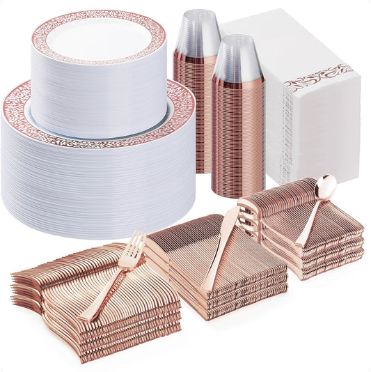 700PCS Rose Gold Plastic Dinnerware Set for 100 Guests, Disposable Plates for Party, Wedding, Include 100 Rose Dinner Plates, 100 Dessert Plates, 100 Set Silverware, 100 Cups, 100 Napkins