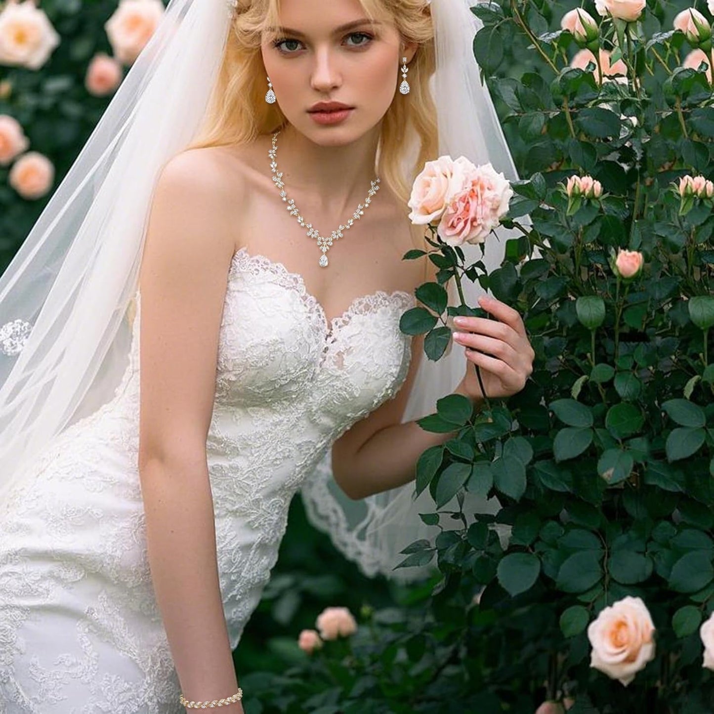 BriLove Gorgeous Wedding Jewelry Set for Women Bridal Cubic Zirconia Marquise Teardrop Leaf Cluster Y-Necklace Dangle Earrings Link Bracelet