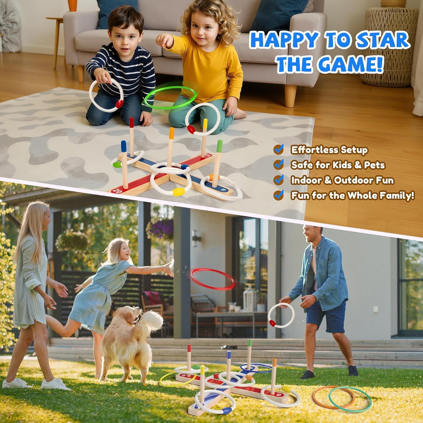 3-in-1 Carnival Games Set with Wooden Ring Toss, Bean Bags & Rope Rings | Outdoor & Indoor Toys for Kids, Adults, Family | Lawn Games for Garden, Birthday Party, Backyard Fun