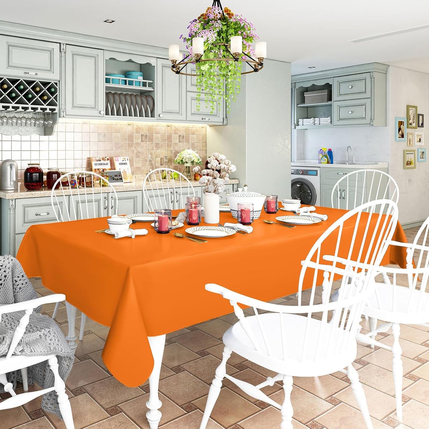 homing Rectangle Vinyl Tablecloth, Waterproof Spillproof Plastic Flannel Backed Table Cloth, Wipe Clean Table Cover for Dining, Buffet Parties and Camping (Orange, 60" x 102")